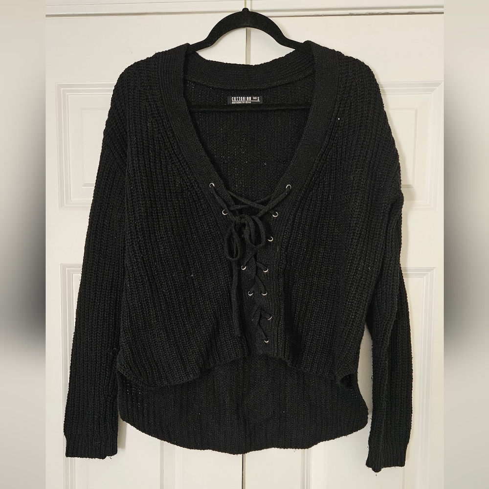 Cotton On Black Lace-Up V-Neck Sweater
